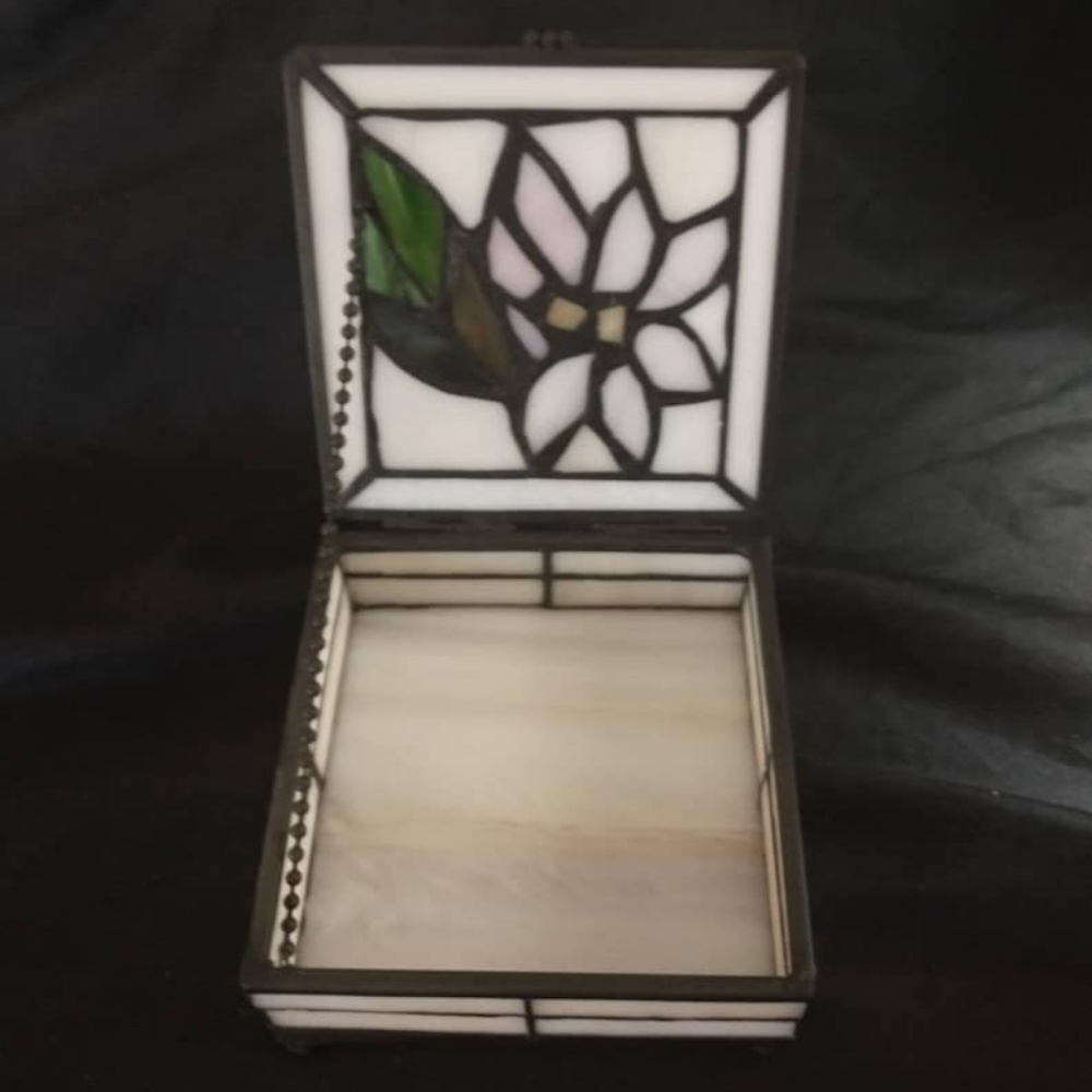Tiffany style etched stain glass trinket box